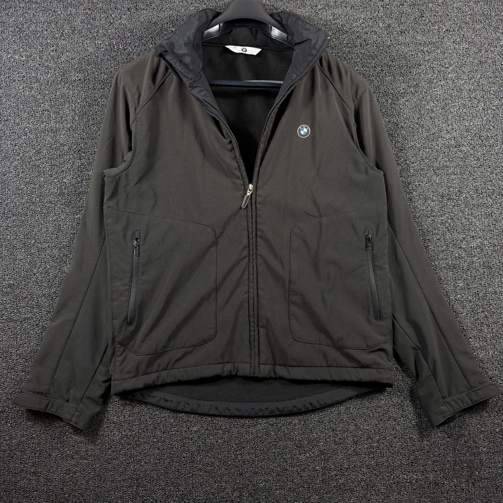 BMW Men's XL Softshell Fleece Lined Jacket Full Zip Stowable Hood Black Grey